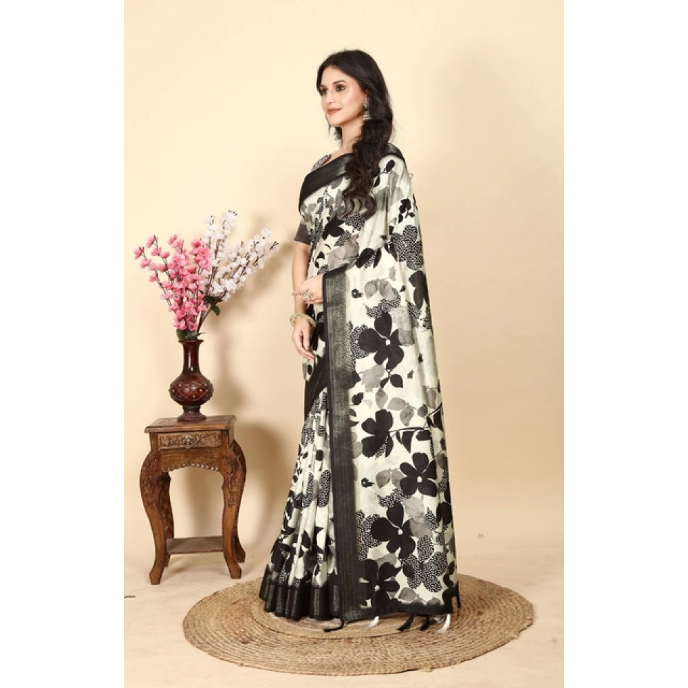 Women's Cotton Silk Floral Printed Saree With Unstitched Blouse 5.5Mtr (Multicolor) - Image 4
