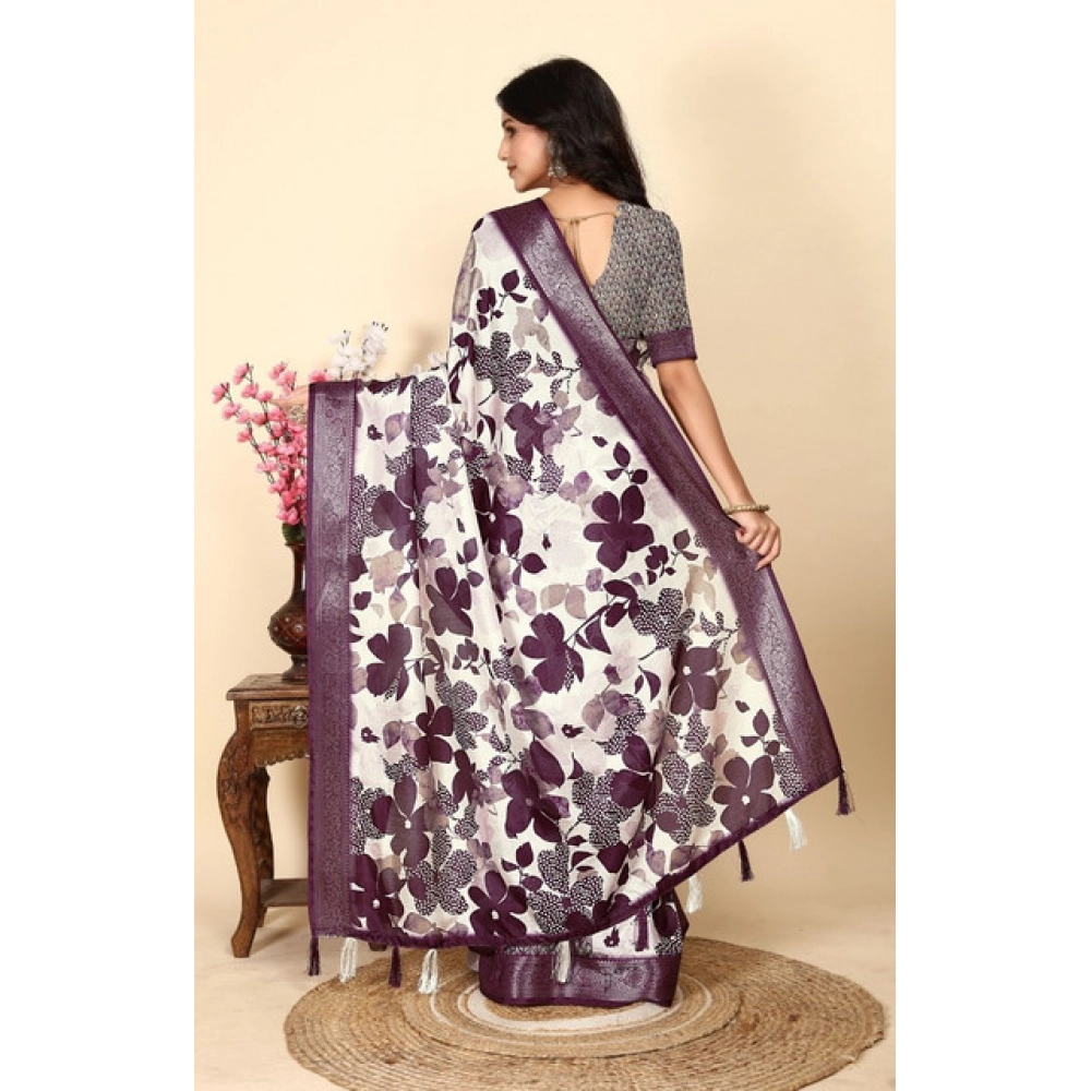 Women's Cotton Silk Floral Printed Saree With Unstitched Blouse 5.5Mtr (Multicolor) - Image 4