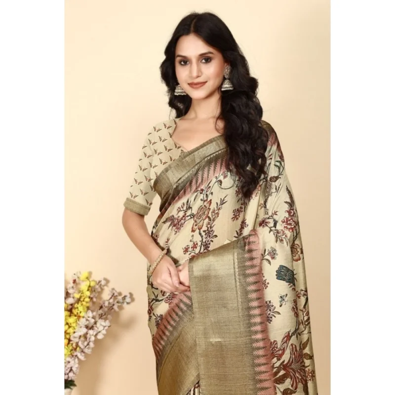 Women's Cotton Silk Printed Saree With Unstitched Blouse 5.5Mtr (Cream)