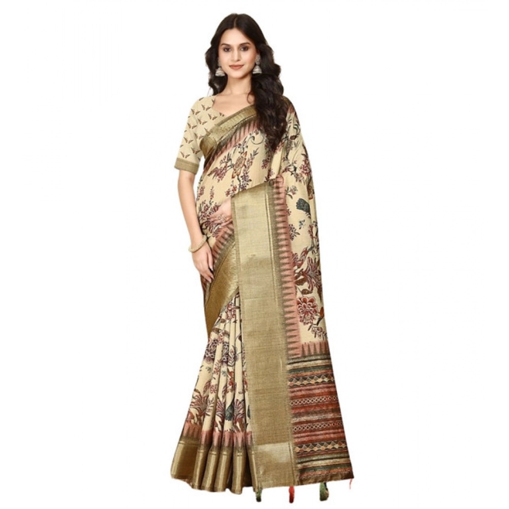Women's Cotton Silk Printed Saree With Unstitched Blouse 5.5Mtr (Cream) - Image 3