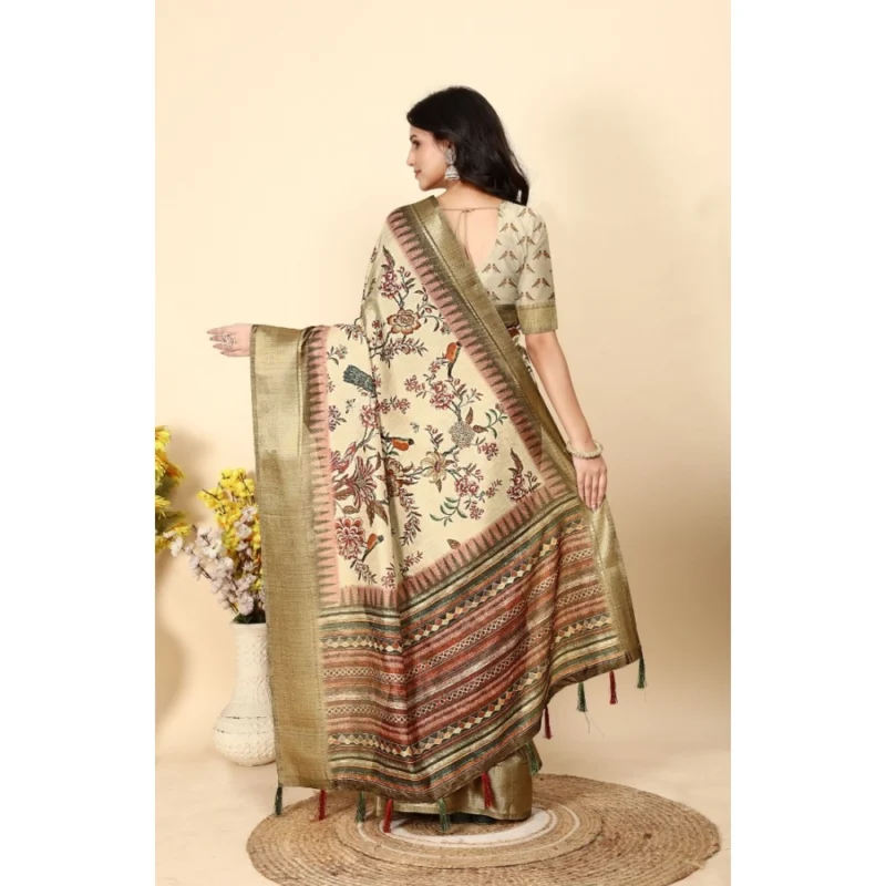Alternative view of Women's Cotton Silk Printed Saree With Unstitched Blouse 5.5Mtr (Cream)