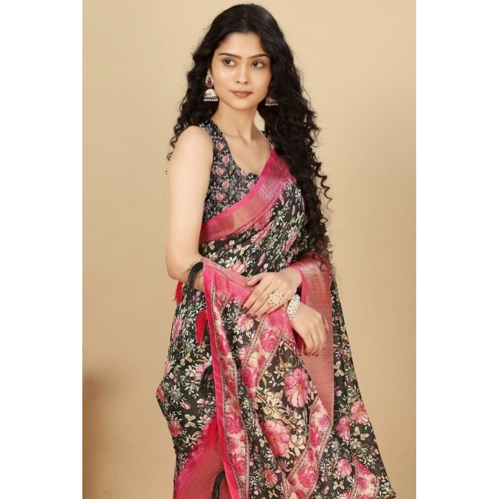 Women's Cotton Silk Floral Printed Saree With Unstitched Blouse 5.5Mtr (Black)