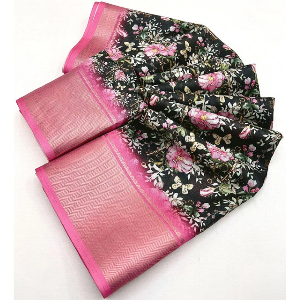 Women's Cotton Silk Floral Printed Saree With Unstitched Blouse 5.5Mtr (Black) - Image 4