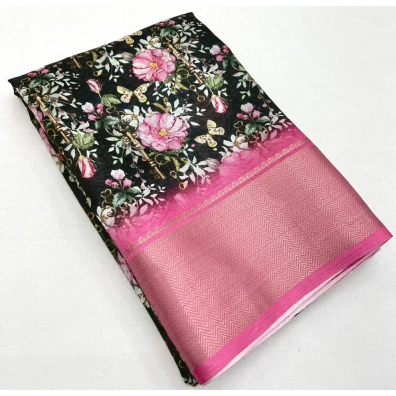 Alternative view of Women's Cotton Silk Floral Printed Saree With Unstitched Blouse 5.5Mtr (Black)