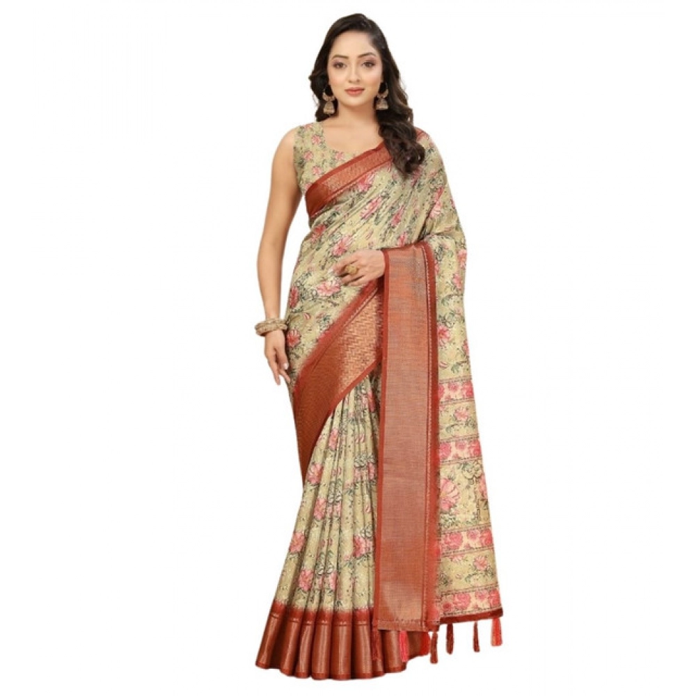 Women's Cotton Silk Floral Printed Saree With Unstitched Blouse 5.5Mtr (Gold) - Image 6