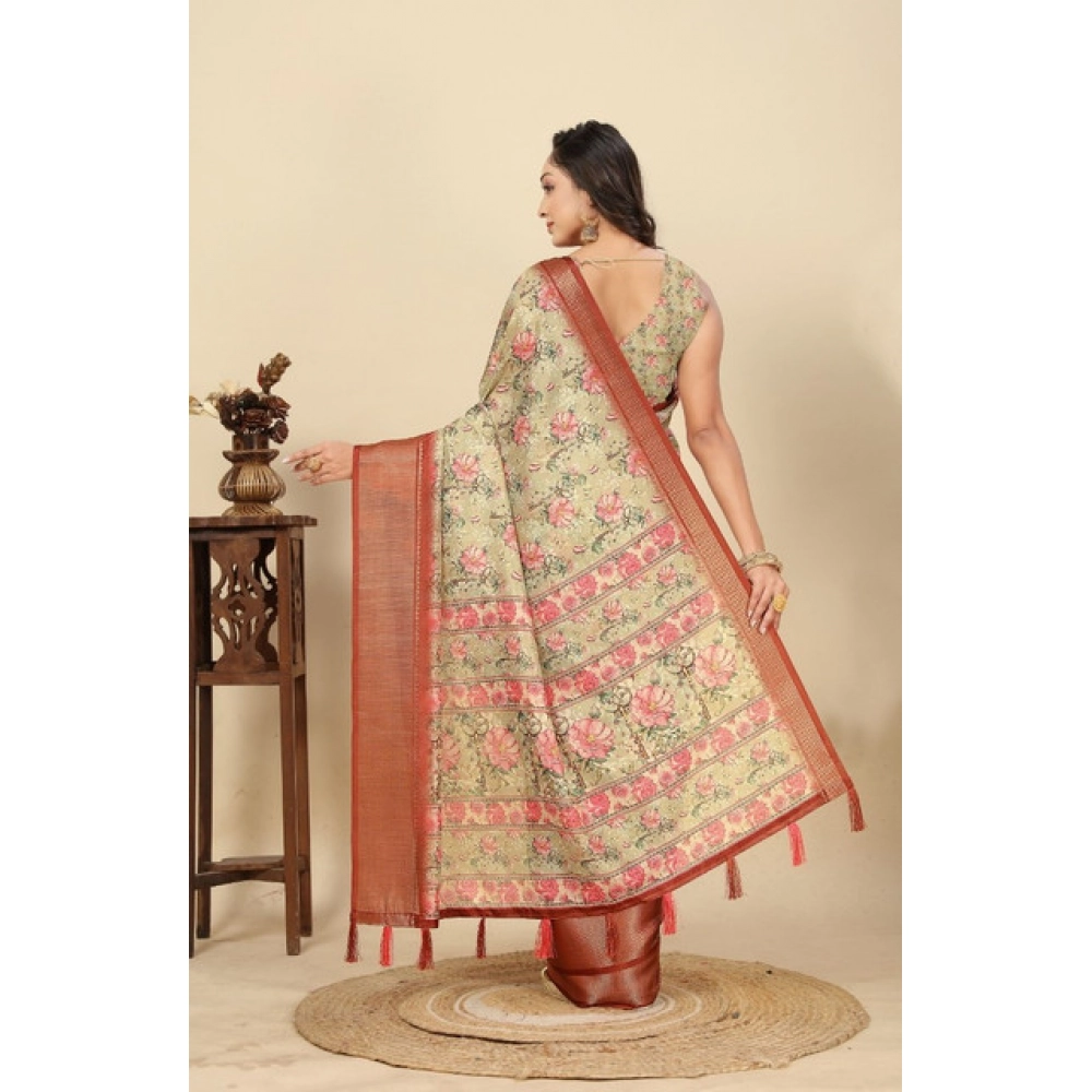 Women's Cotton Silk Floral Printed Saree With Unstitched Blouse 5.5Mtr (Gold) - Image 5