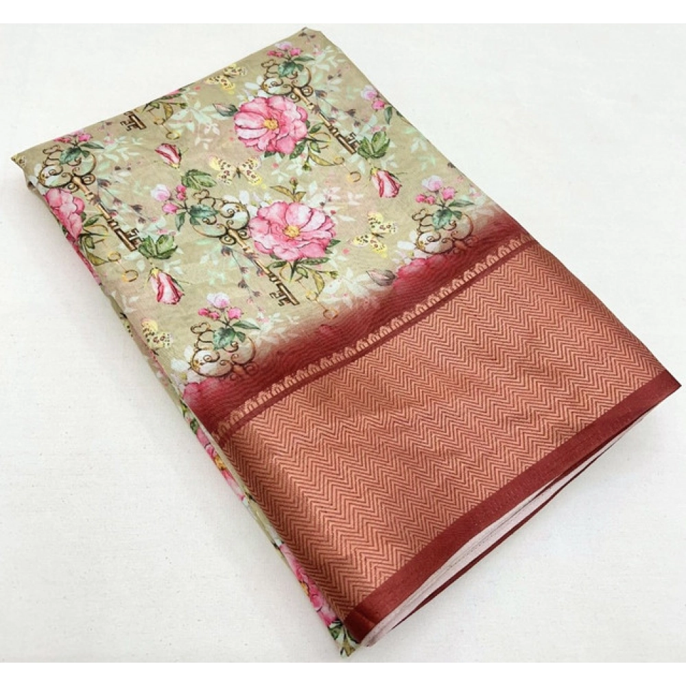 Women's Cotton Silk Floral Printed Saree With Unstitched Blouse 5.5Mtr (Gold) - Image 3