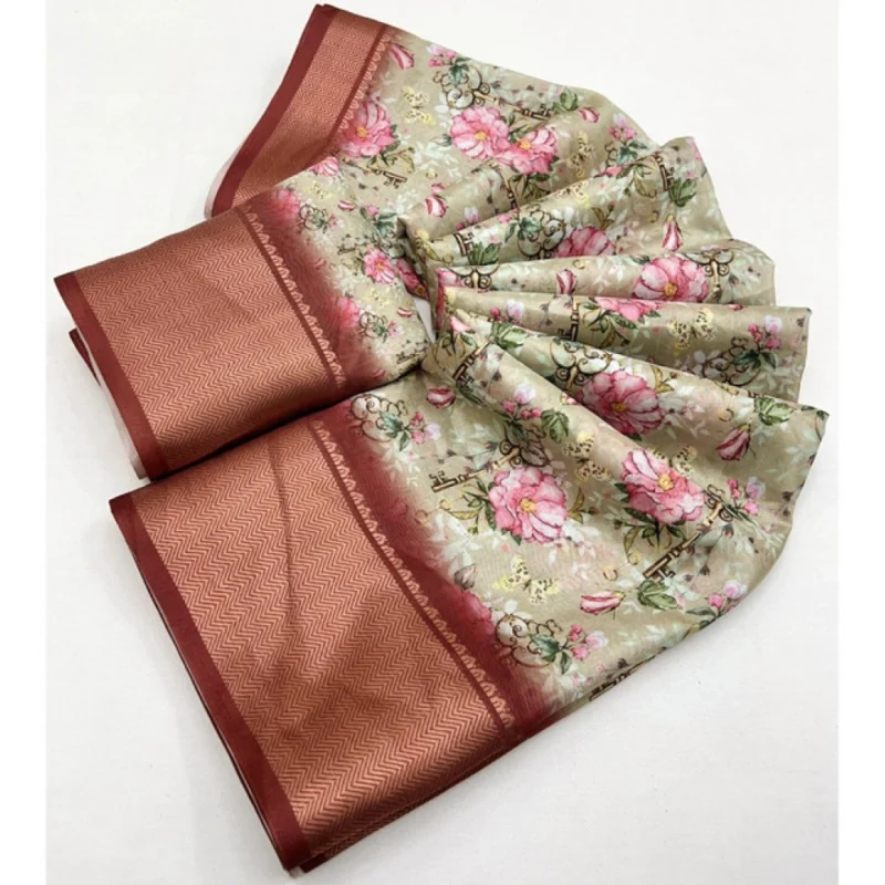 Alternative view of Women's Cotton Silk Floral Printed Saree With Unstitched Blouse 5.5Mtr (Gold)