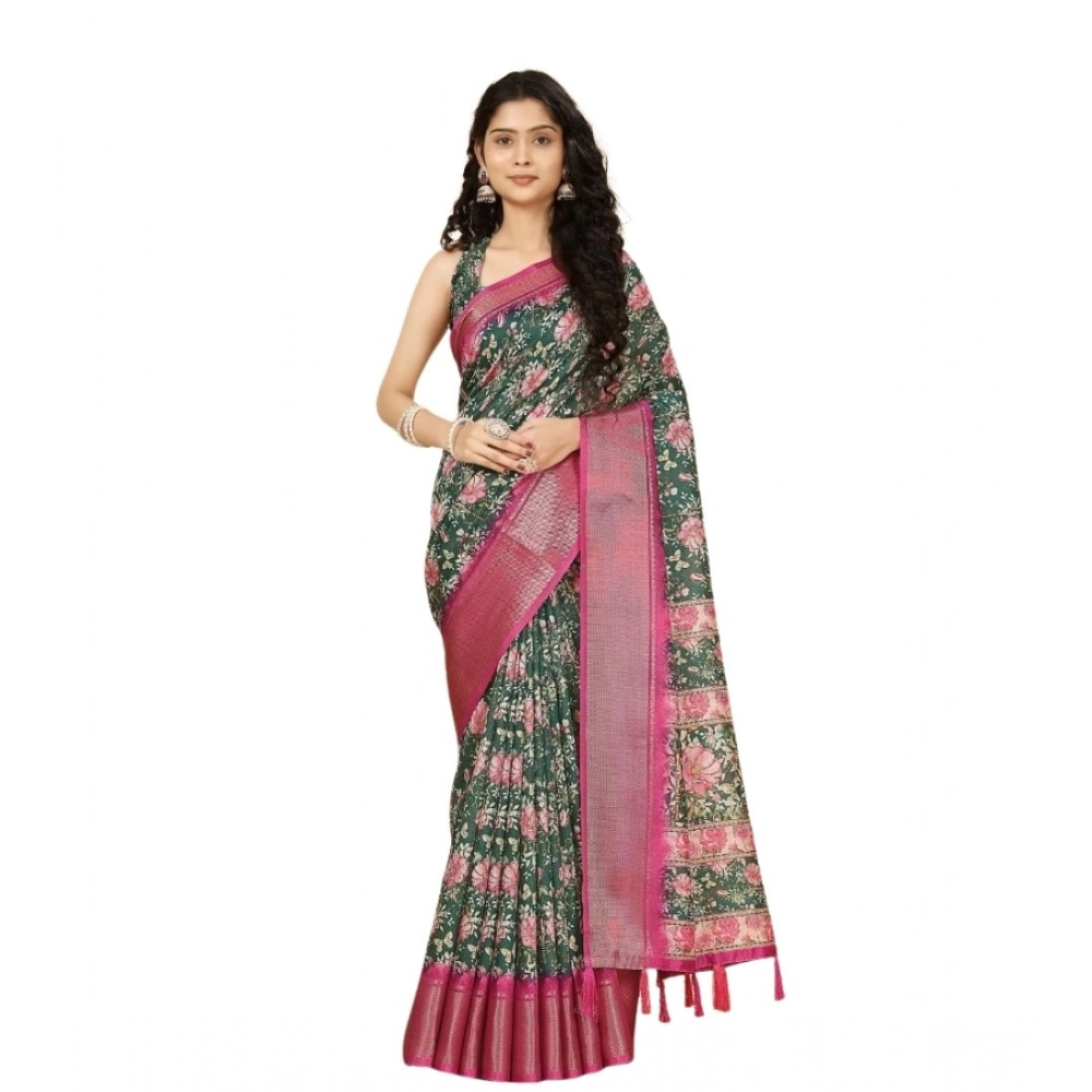 Women's Cotton Silk Floral Printed Saree With Unstitched Blouse 5.5Mtr (Green) - Image 6