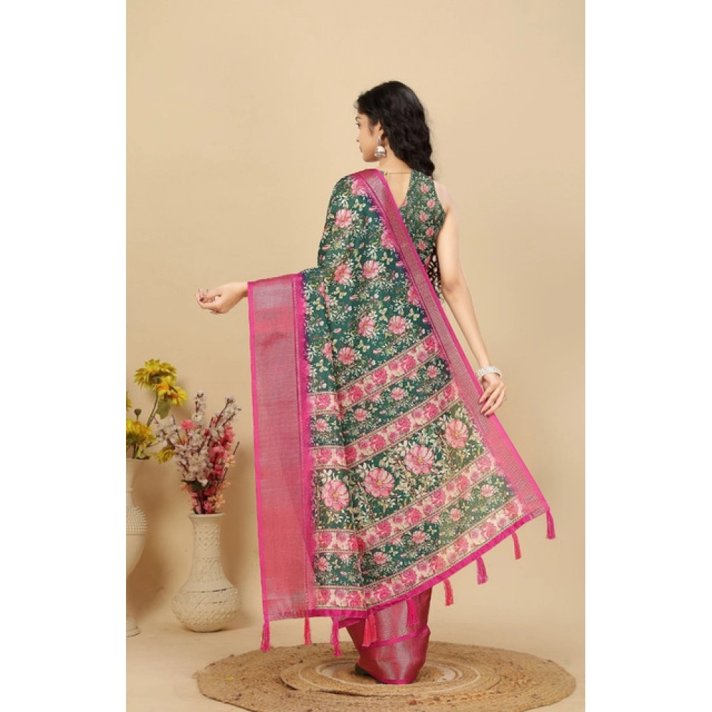 Women's Cotton Silk Floral Printed Saree With Unstitched Blouse 5.5Mtr (Green) - Image 5