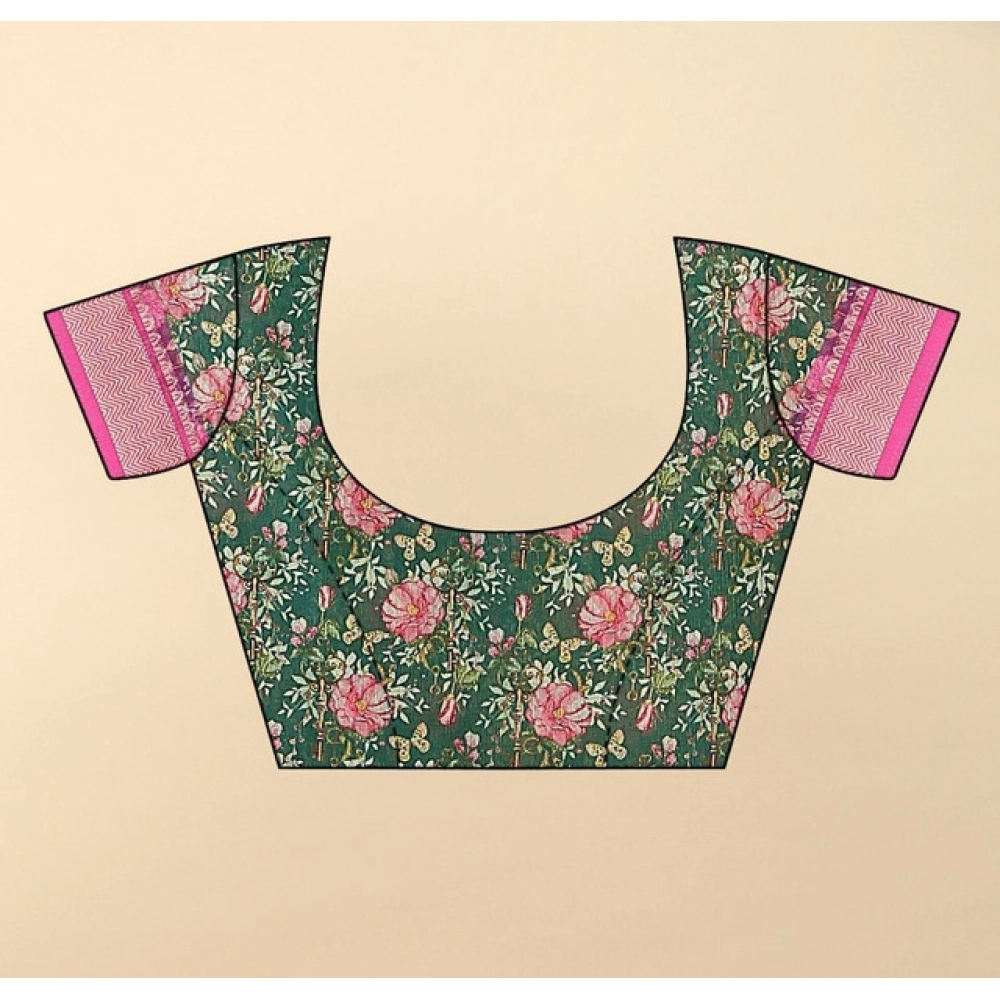 Women's Cotton Silk Floral Printed Saree With Unstitched Blouse 5.5Mtr (Green) - Image 4