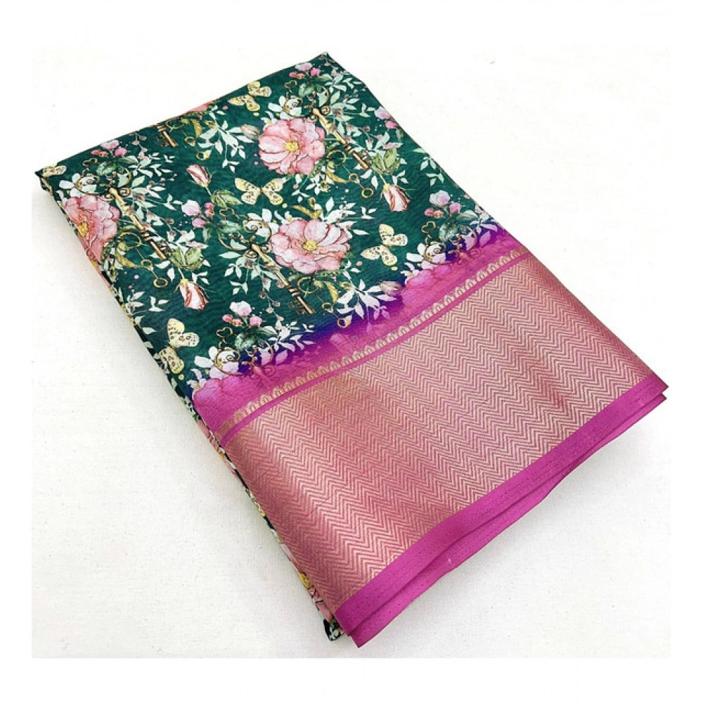 Women's Cotton Silk Floral Printed Saree With Unstitched Blouse 5.5Mtr (Green) - Image 3