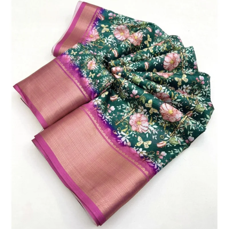 Alternative view of Women's Cotton Silk Floral Printed Saree With Unstitched Blouse 5.5Mtr (Green)