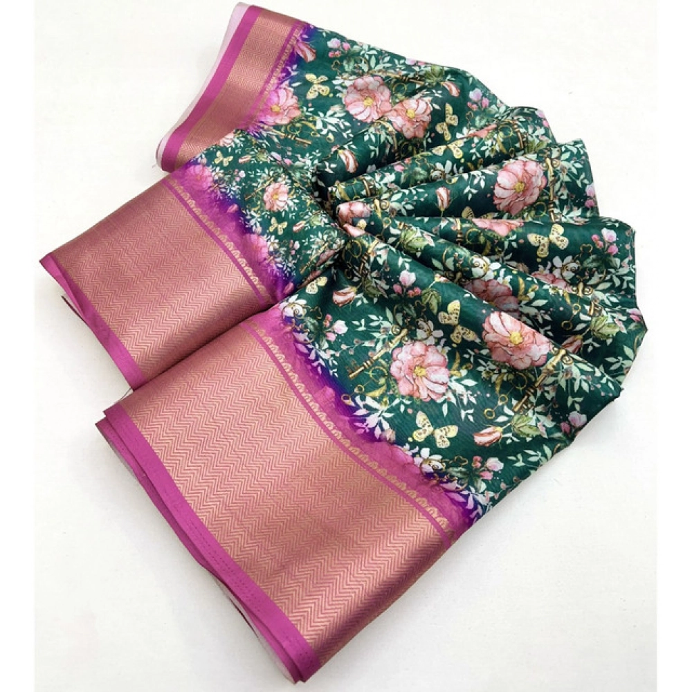 Women's Cotton Silk Floral Printed Saree With Unstitched Blouse 5.5Mtr (Green) - Image 2