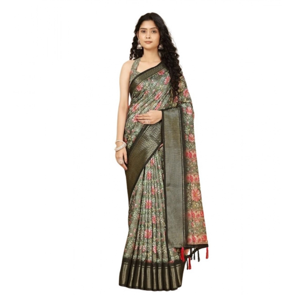 Women's Cotton Silk Floral Printed Saree With Unstitched Blouse 5.5Mtr (Grey) - Image 6