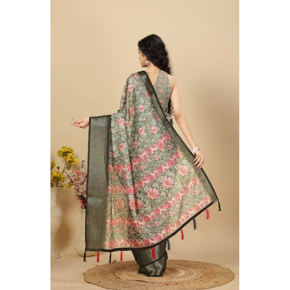 Women's Cotton Silk Floral Printed Saree With Unstitched Blouse 5.5Mtr (Grey) - Image 5