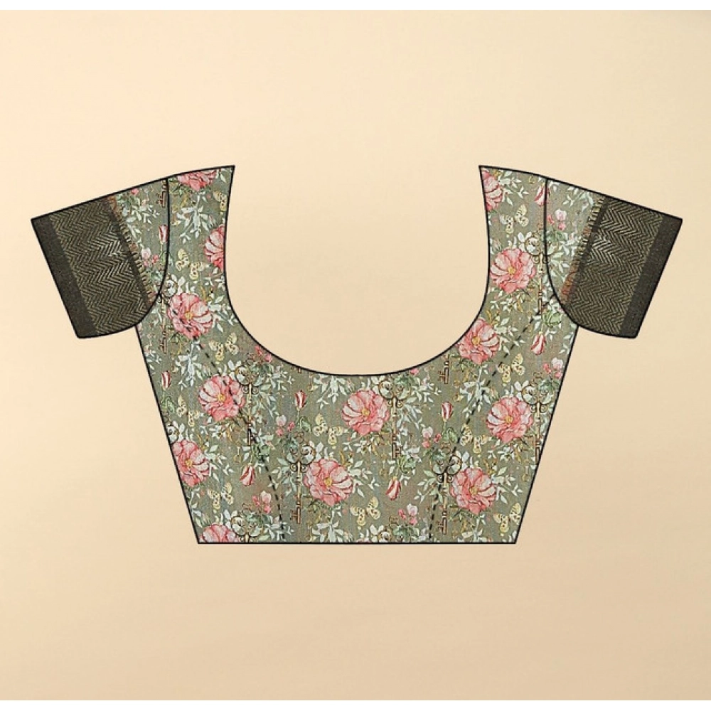 Women's Cotton Silk Floral Printed Saree With Unstitched Blouse 5.5Mtr (Grey) - Image 4