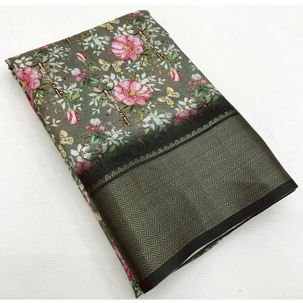 Women's Cotton Silk Floral Printed Saree With Unstitched Blouse 5.5Mtr (Grey) - Image 3