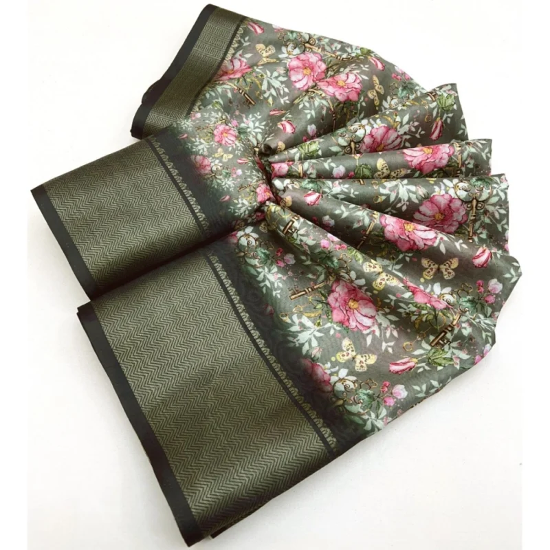 Alternative view of Women's Cotton Silk Floral Printed Saree With Unstitched Blouse 5.5Mtr (Grey)