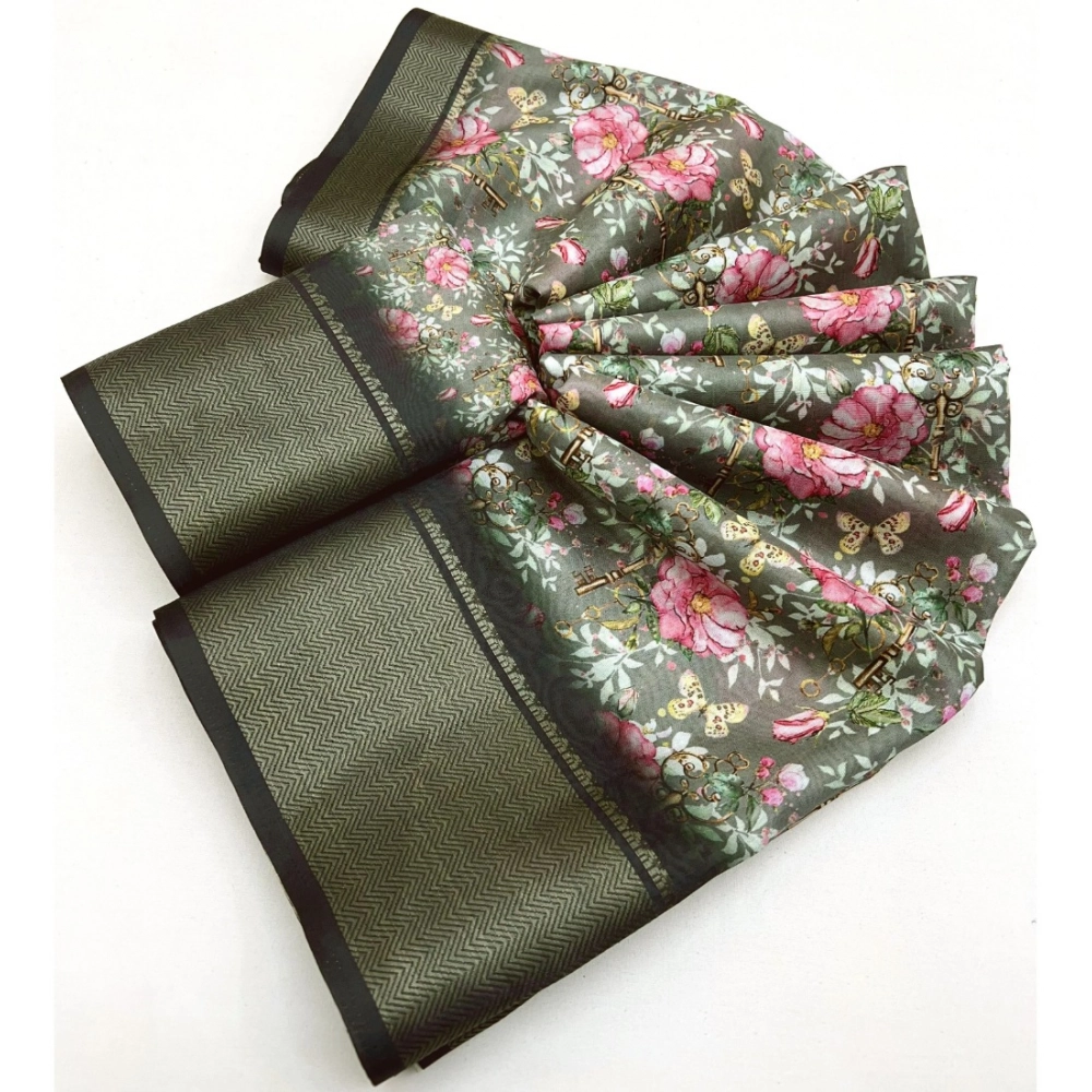 Women's Cotton Silk Floral Printed Saree With Unstitched Blouse 5.5Mtr (Grey) - Image 2