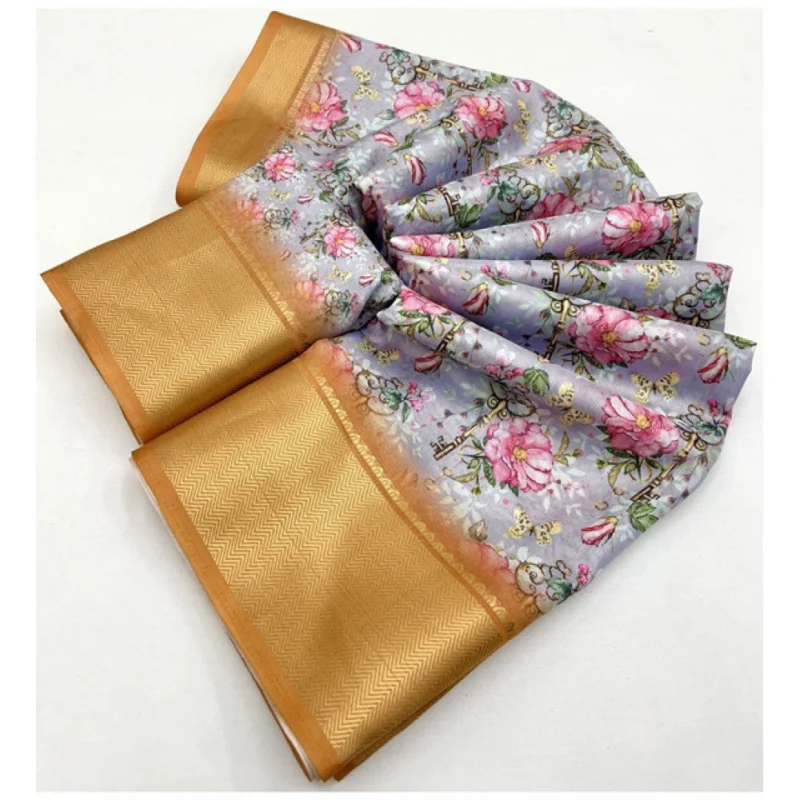 Alternative view of Women's Cotton Silk Floral Printed Saree With Unstitched Blouse 5.5Mtr (Lavender)