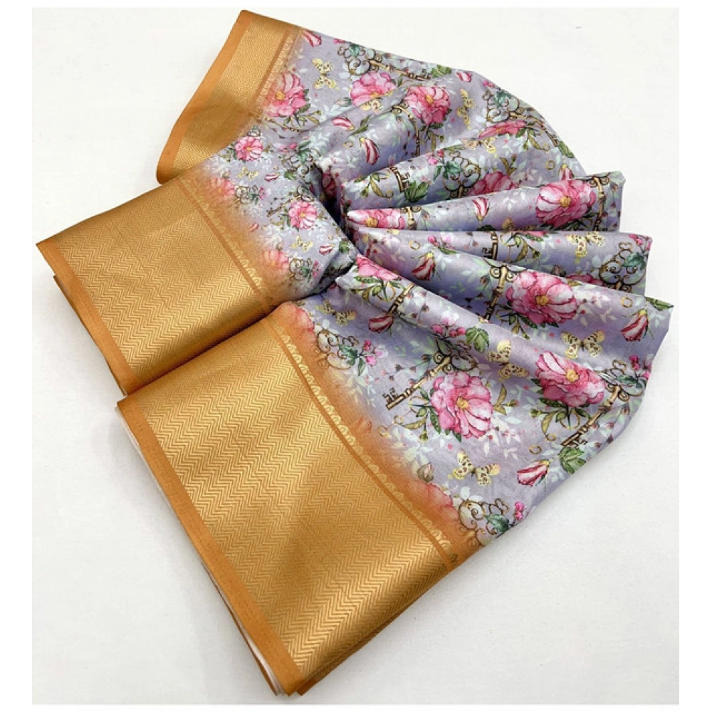 Women's Cotton Silk Floral Printed Saree With Unstitched Blouse 5.5Mtr (Lavender) - Image 2