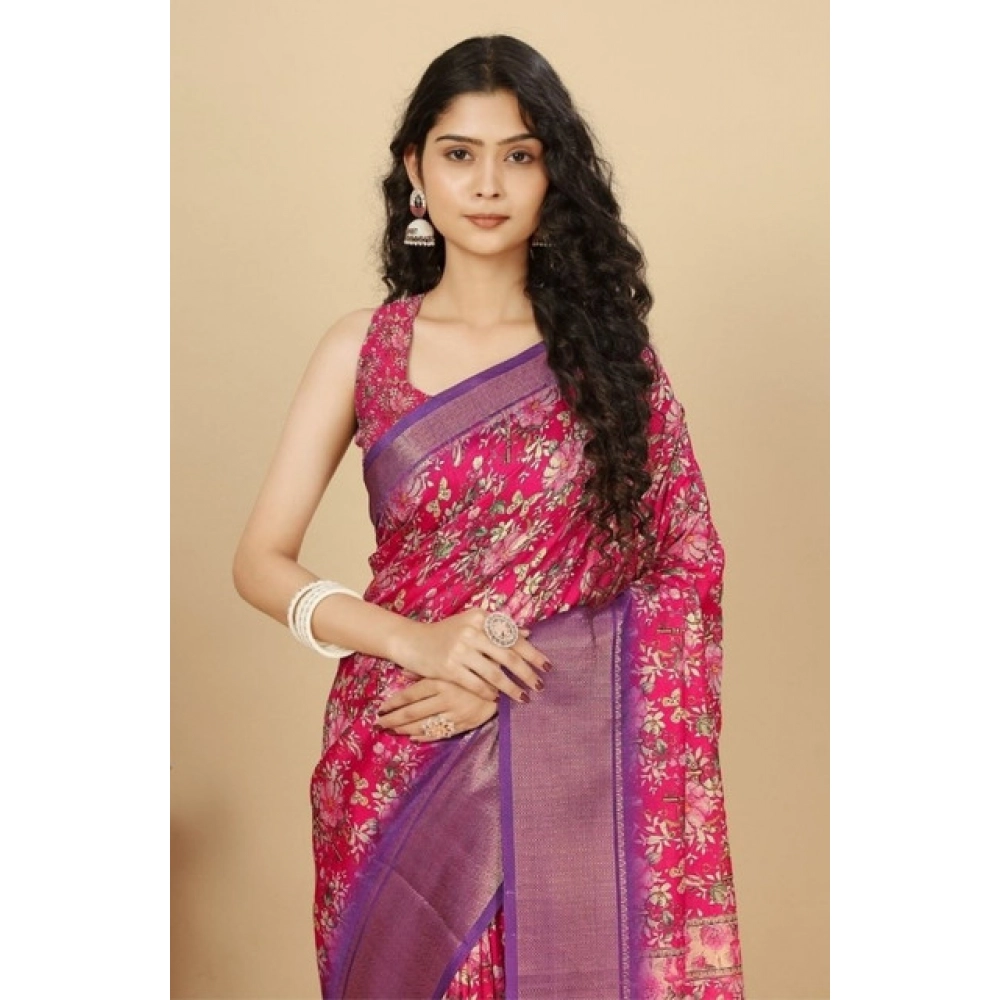 Women's Cotton Silk Floral Printed Saree With Unstitched Blouse 5.5Mtr (Pink)