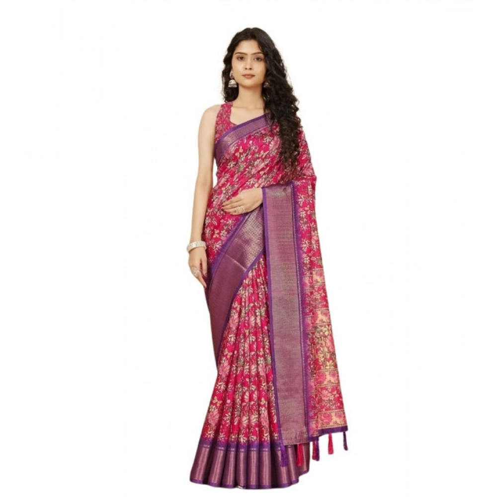 Women's Cotton Silk Floral Printed Saree With Unstitched Blouse 5.5Mtr (Pink) - Image 6