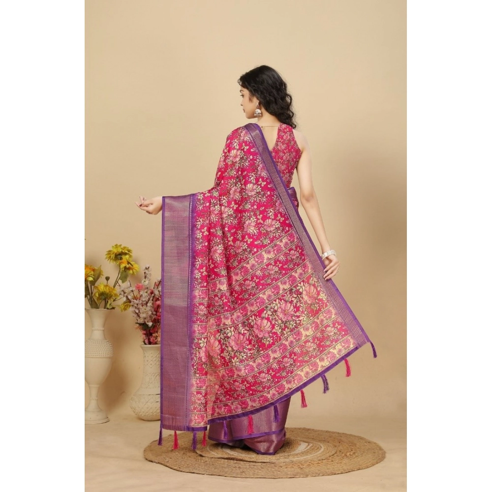 Women's Cotton Silk Floral Printed Saree With Unstitched Blouse 5.5Mtr (Pink) - Image 5