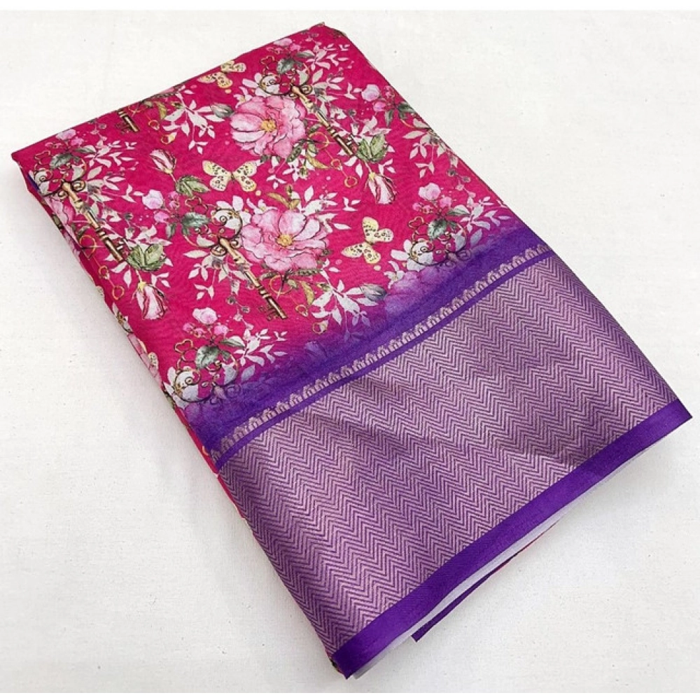 Women's Cotton Silk Floral Printed Saree With Unstitched Blouse 5.5Mtr (Pink) - Image 3