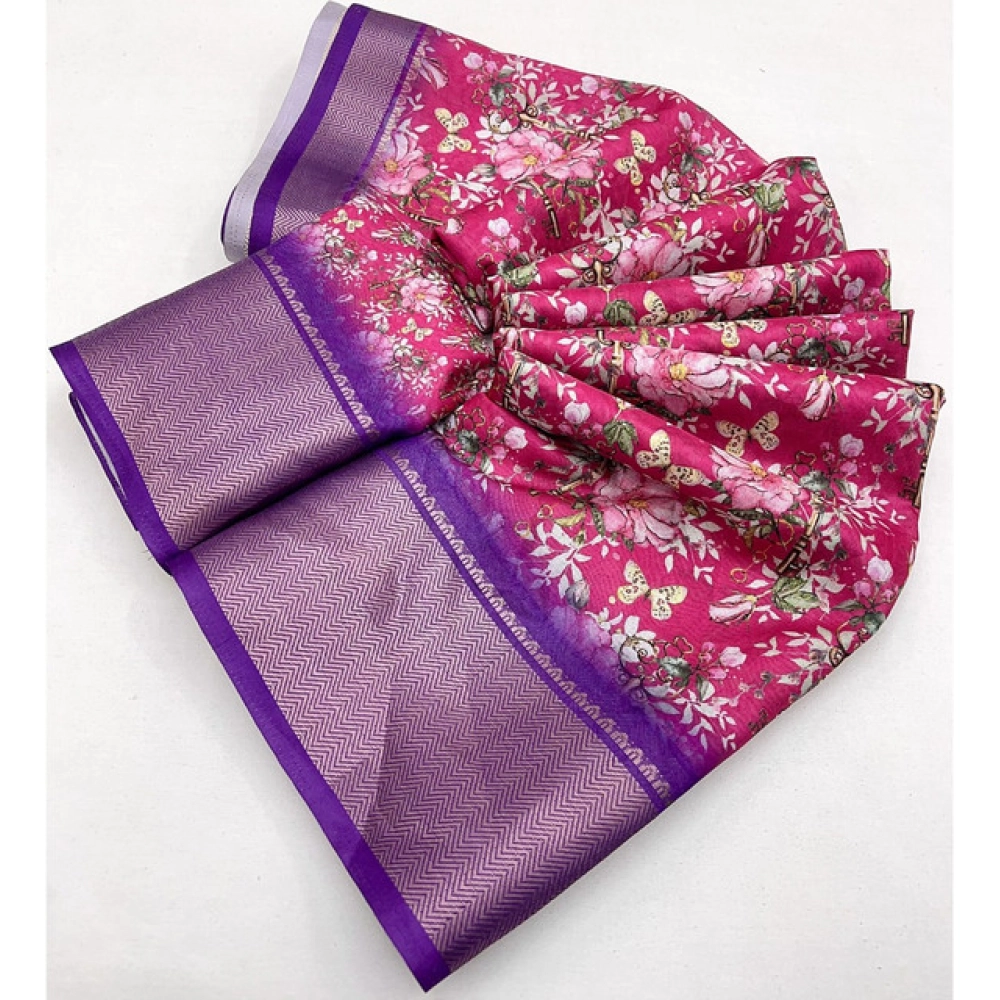 Women's Cotton Silk Floral Printed Saree With Unstitched Blouse 5.5Mtr (Pink) - Image 2