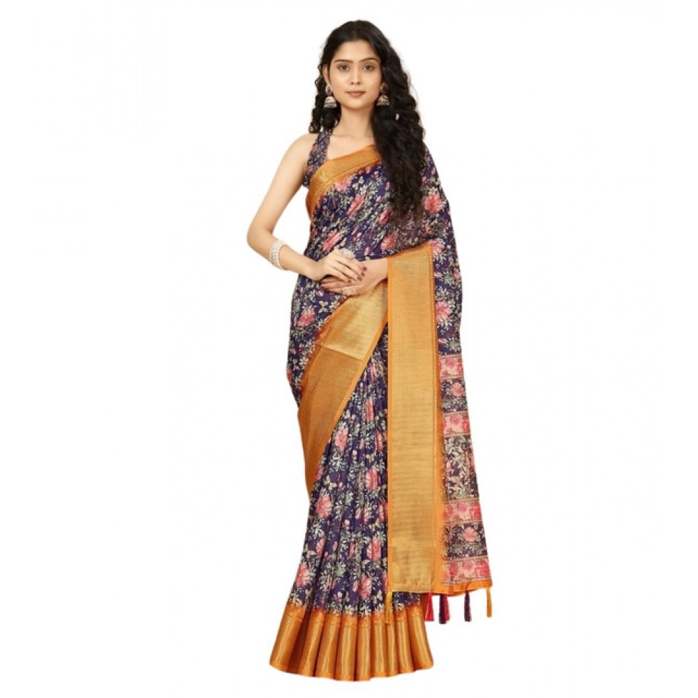 Women's Cotton Silk Floral Printed Saree With Unstitched Blouse 5.5Mtr (Purple) - Image 6