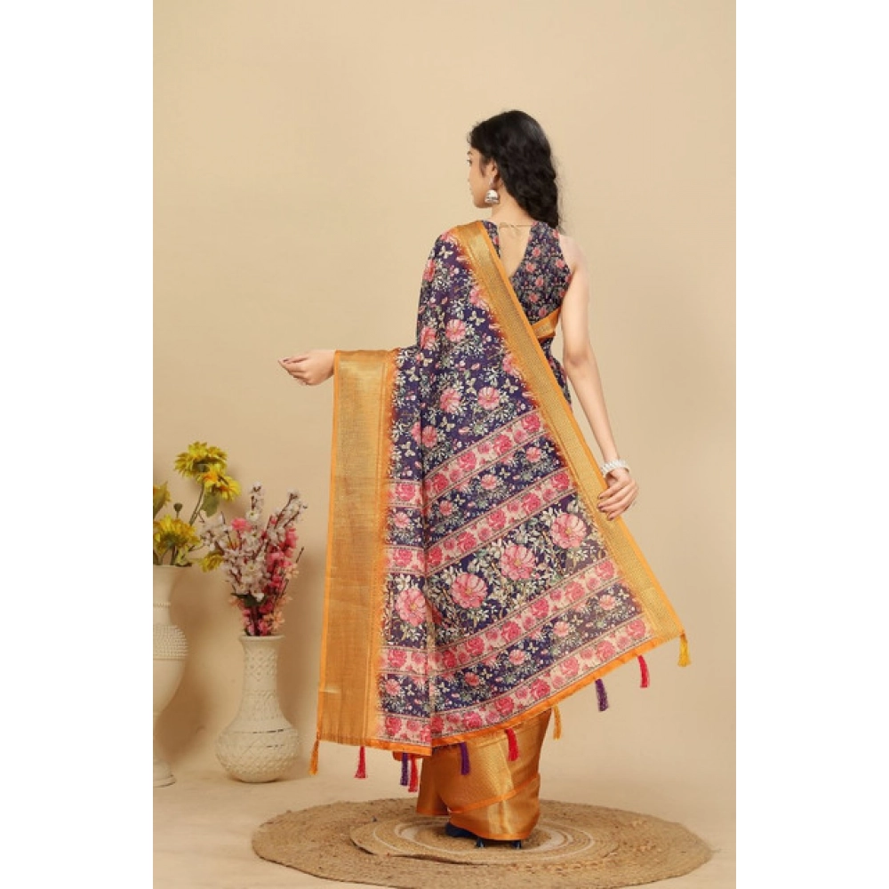 Women's Cotton Silk Floral Printed Saree With Unstitched Blouse 5.5Mtr (Purple) - Image 5