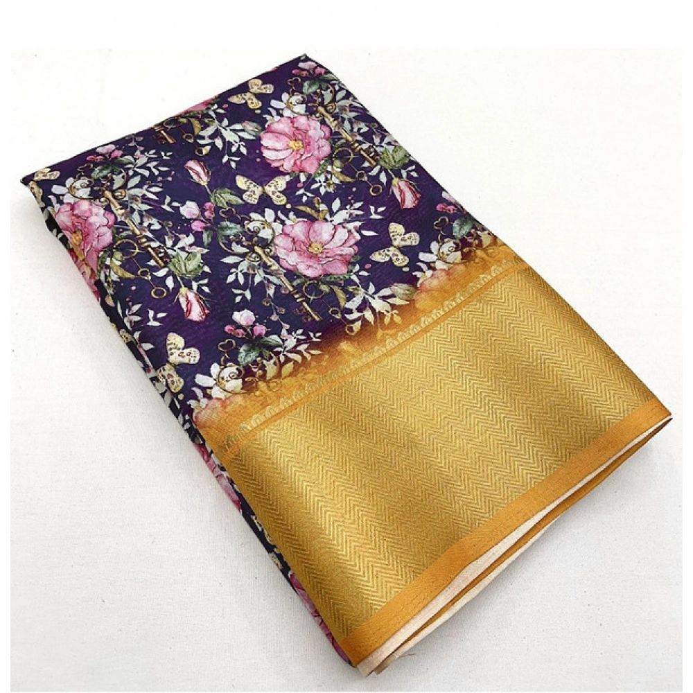 Women's Cotton Silk Floral Printed Saree With Unstitched Blouse 5.5Mtr (Purple) - Image 3