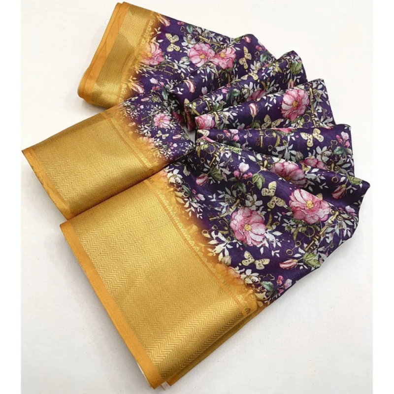 Alternative view of Women's Cotton Silk Floral Printed Saree With Unstitched Blouse 5.5Mtr (Purple)