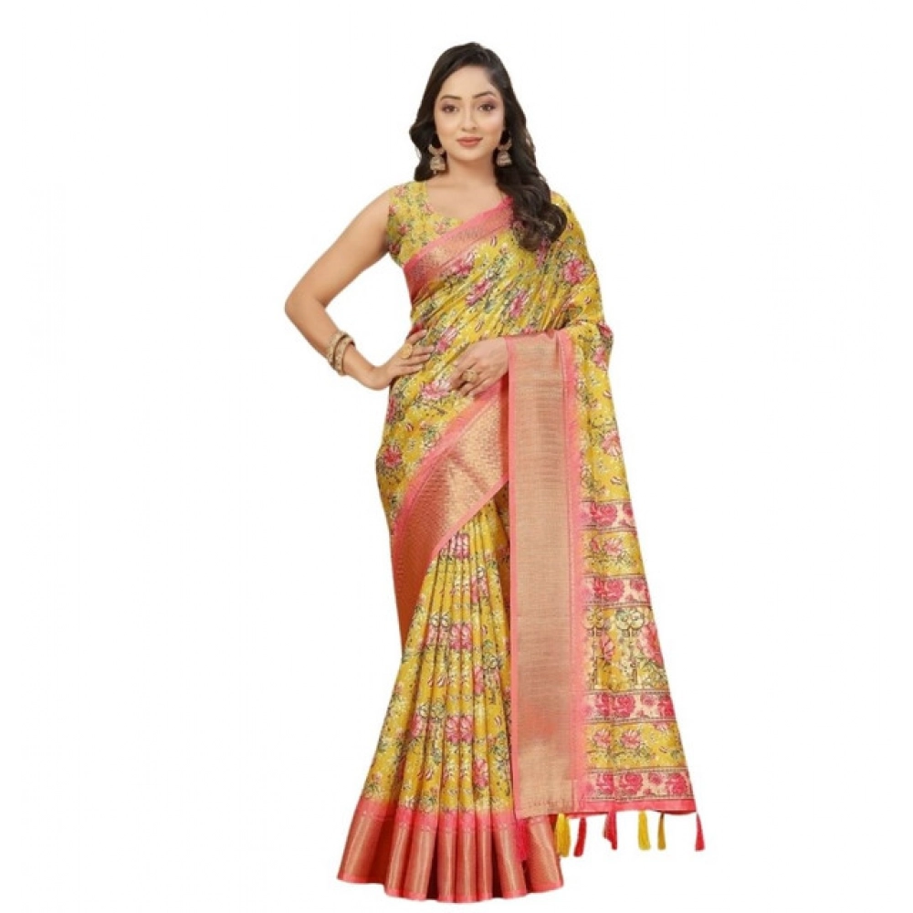 Women's Cotton Silk Floral Printed Saree With Unstitched Blouse 5.5Mtr (Yellow) - Image 6
