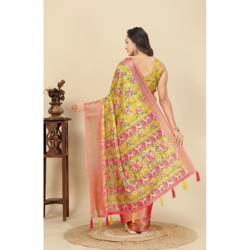 Women's Cotton Silk Floral Printed Saree With Unstitched Blouse 5.5Mtr (Yellow) - Image 5