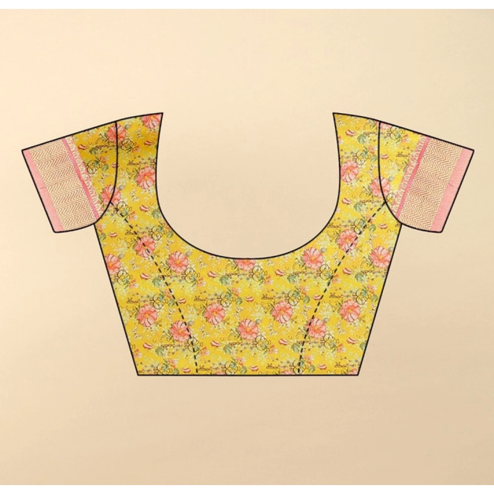 Women's Cotton Silk Floral Printed Saree With Unstitched Blouse 5.5Mtr (Yellow) - Image 4
