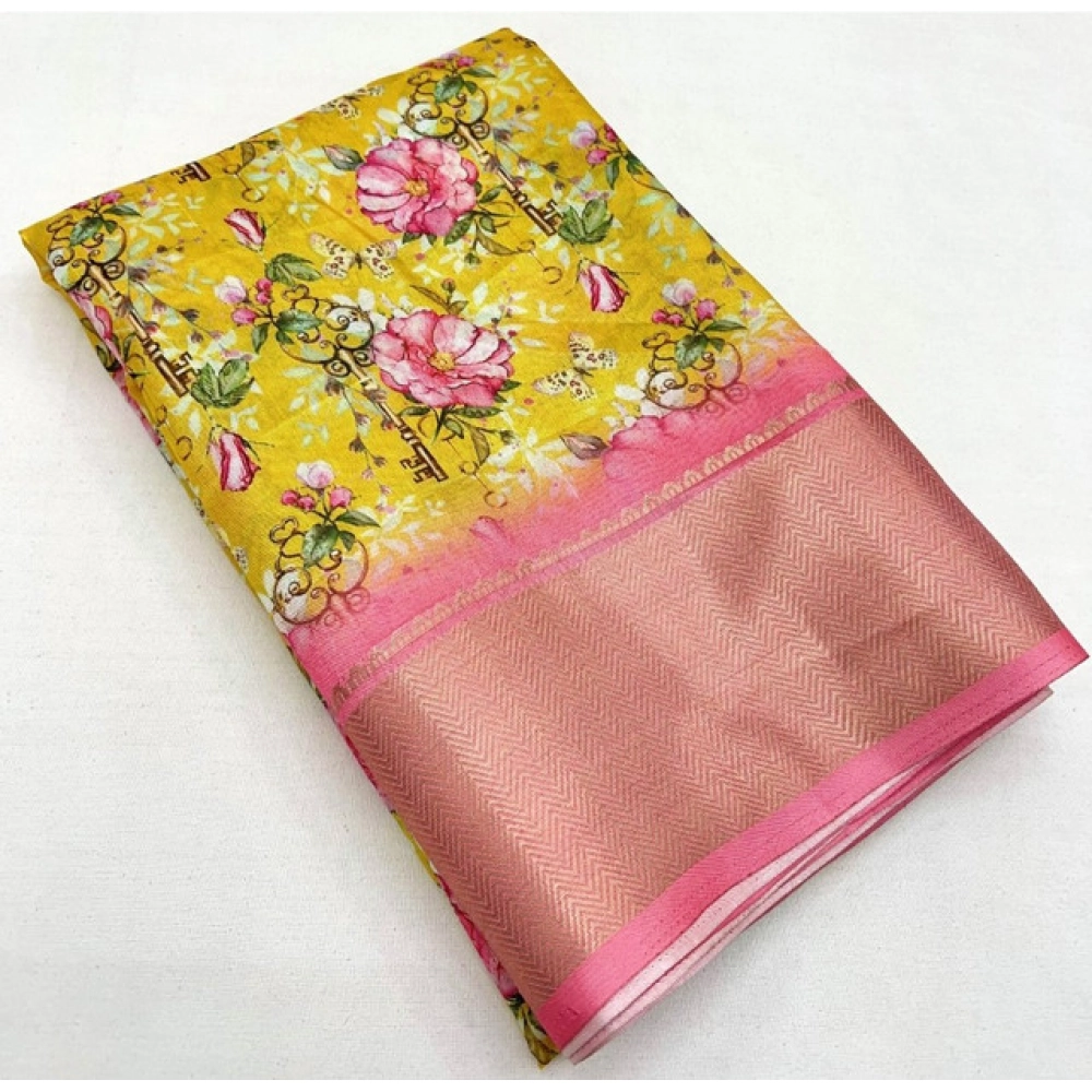 Women's Cotton Silk Floral Printed Saree With Unstitched Blouse 5.5Mtr (Yellow) - Image 3