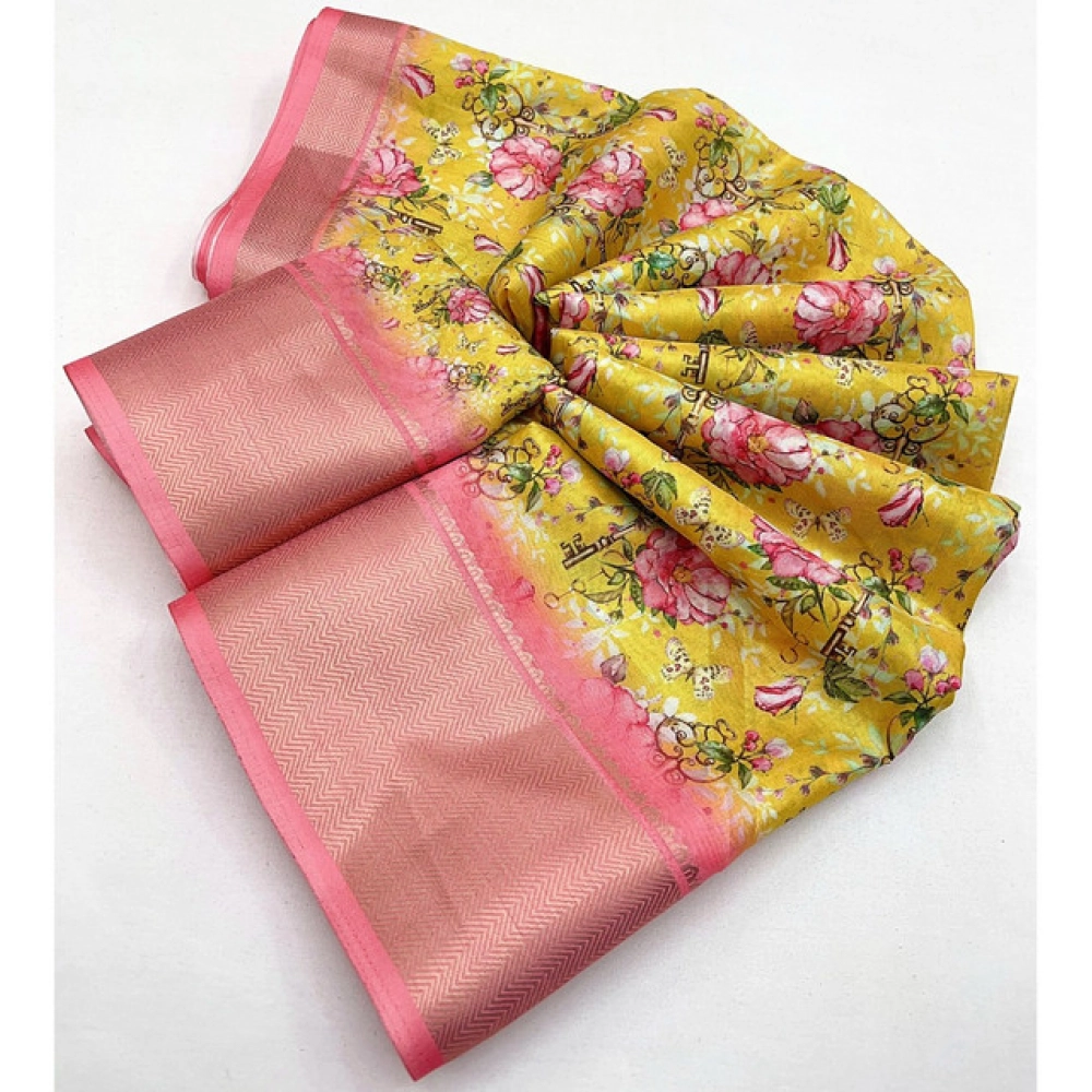 Women's Cotton Silk Floral Printed Saree With Unstitched Blouse 5.5Mtr (Yellow) - Image 2
