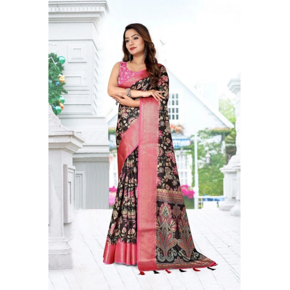 Women's Cotton Silk Floral Printed Saree With Unstitched Blouse 5.5Mtr (Multicolor) - Image 5