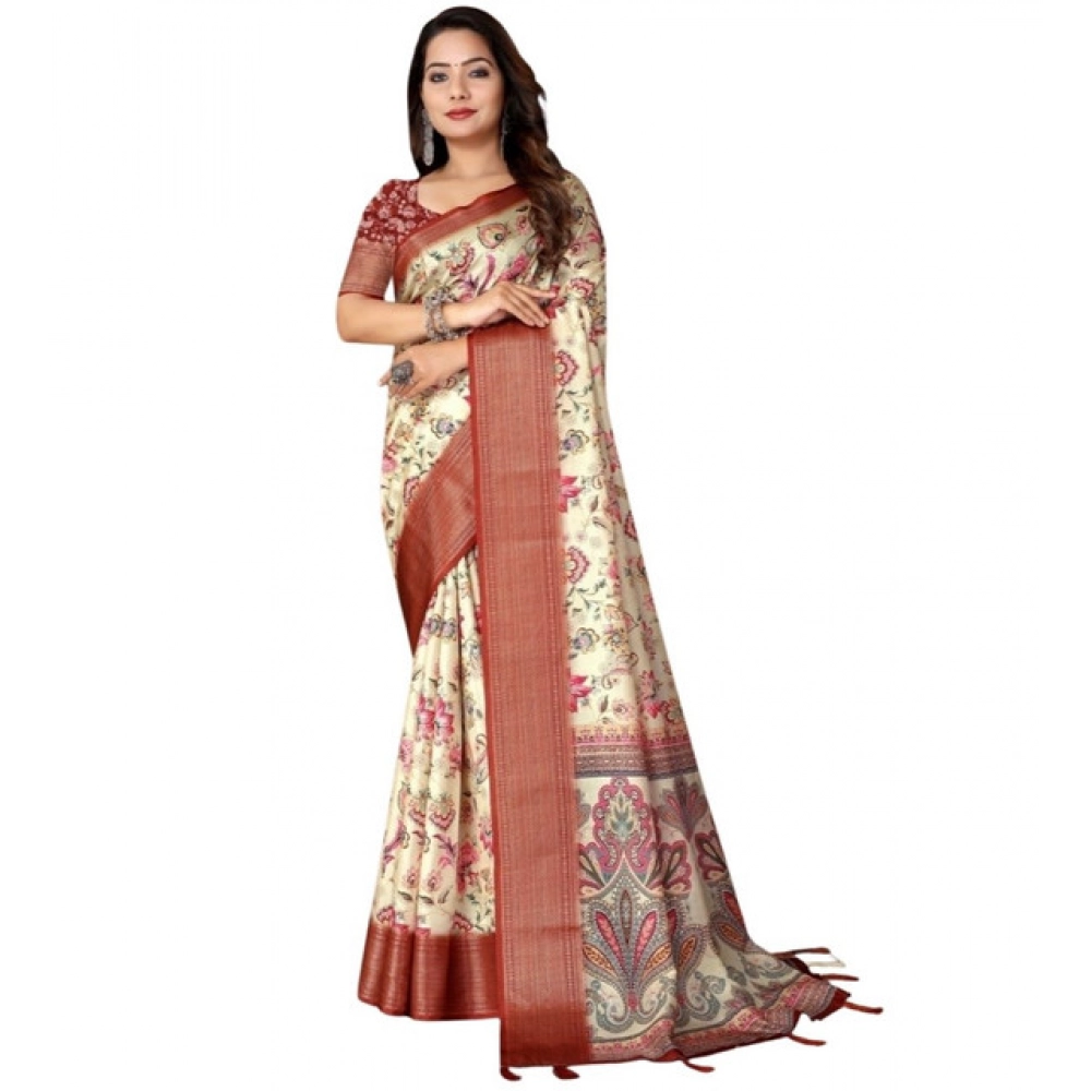 Women's Cotton Silk Floral Printed Saree With Unstitched Blouse 5.5Mtr (Gold-Brown) - Image 3