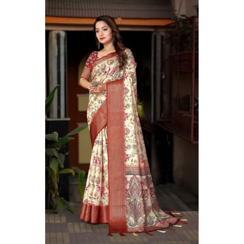 Women's Cotton Silk Floral Printed Saree With Unstitched Blouse 5.5Mtr (Gold-Brown) - Image 5