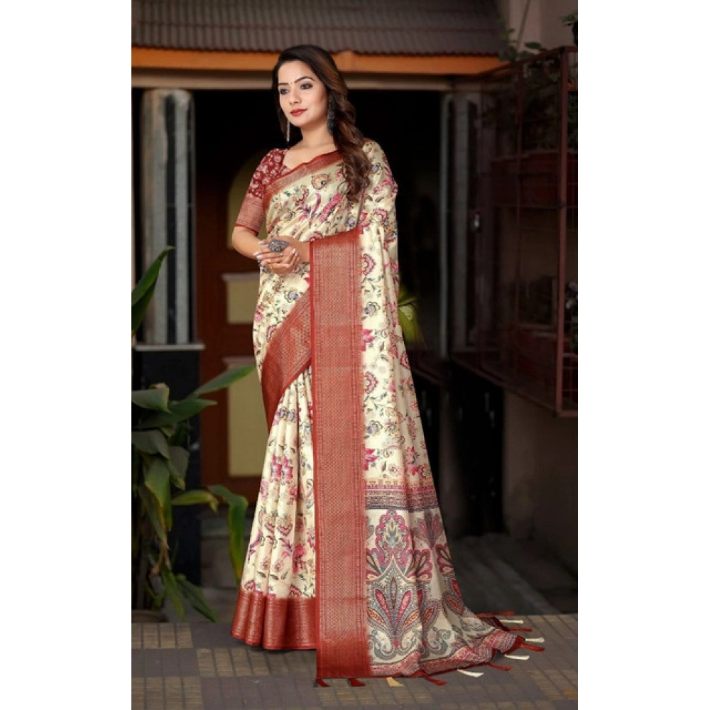 Women's Cotton Silk Floral Printed Saree With Unstitched Blouse 5.5Mtr (Gold-Brown) - Image 5