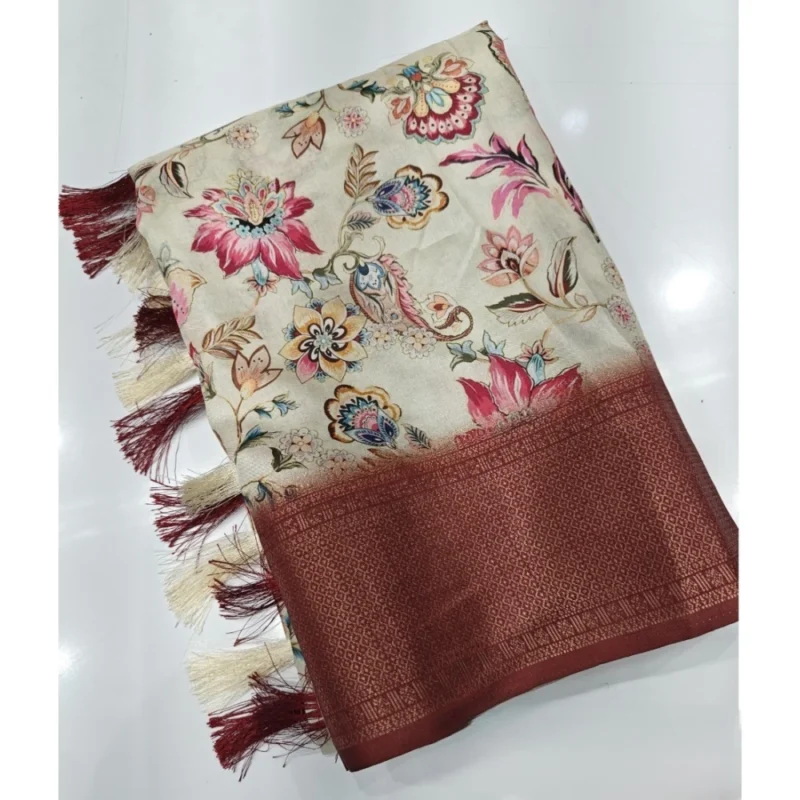 Women's Cotton Silk Floral Printed Saree With Unstitched Blouse 5.5Mtr (Gold-Brown) - Image 4