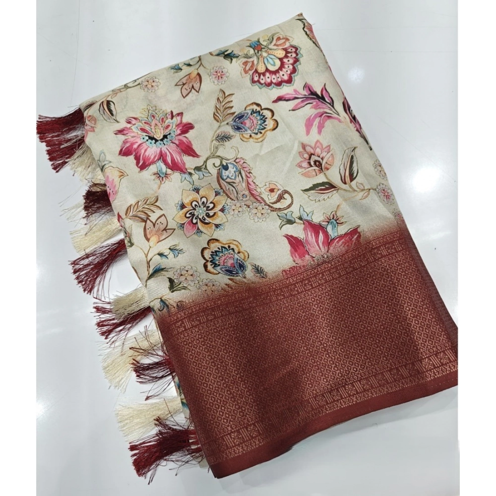 Women's Cotton Silk Floral Printed Saree With Unstitched Blouse 5.5Mtr (Gold-Brown) - Image 4