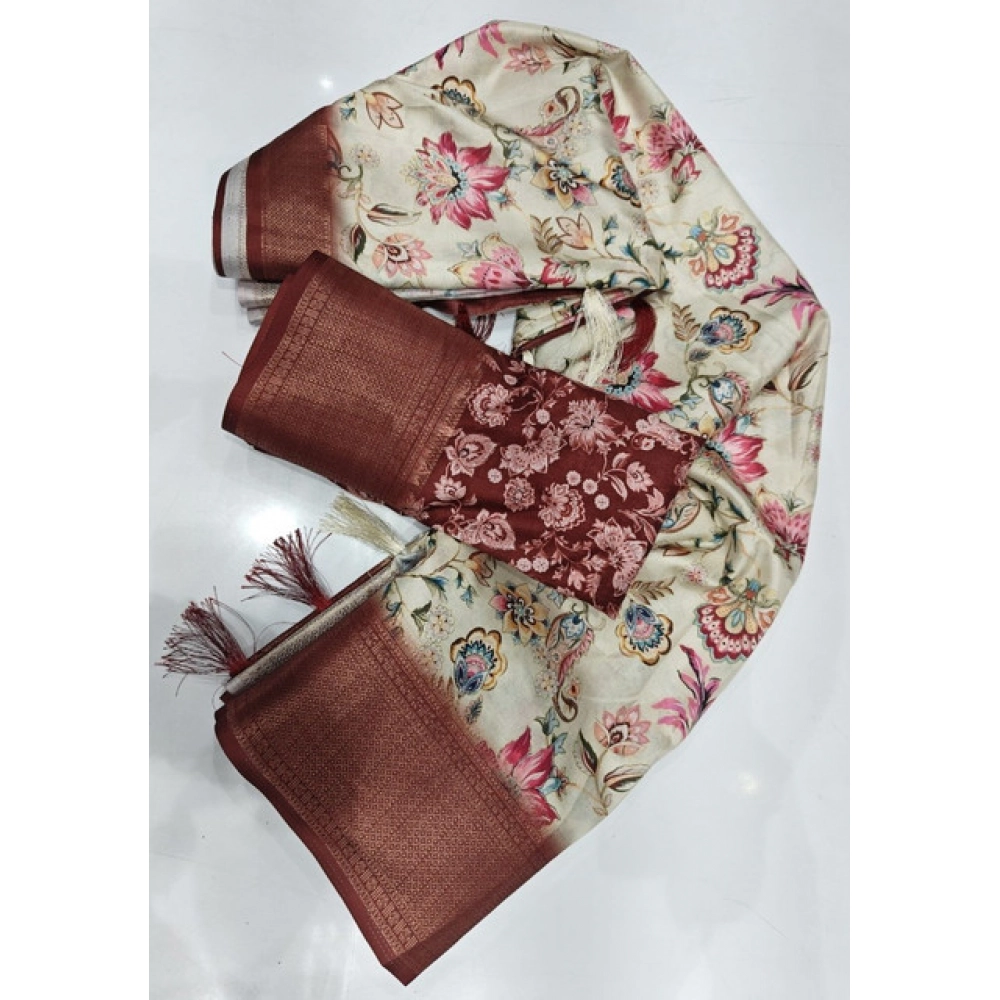 Women's Cotton Silk Floral Printed Saree With Unstitched Blouse 5.5Mtr (Gold-Brown) - Image 2