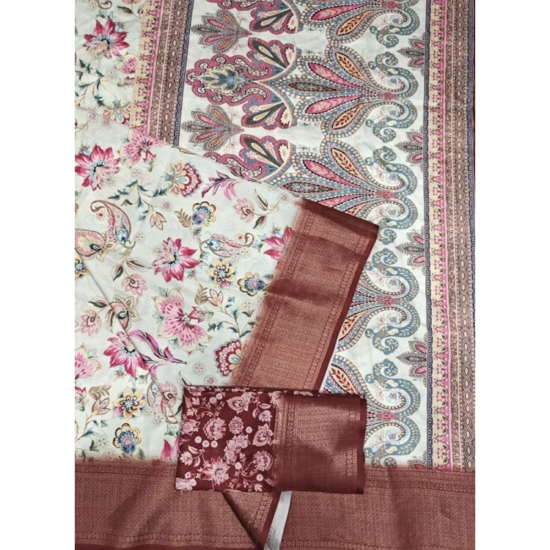 Women's Cotton Silk Floral Printed Saree With Unstitched Blouse 5.5Mtr (Gold-Brown) - Image 6
