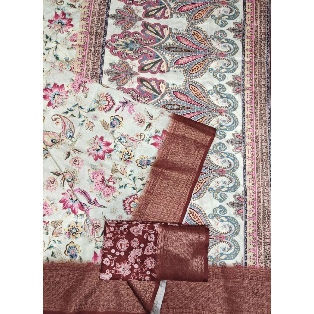 Women's Cotton Silk Floral Printed Saree With Unstitched Blouse 5.5Mtr (Gold-Brown) - Image 6
