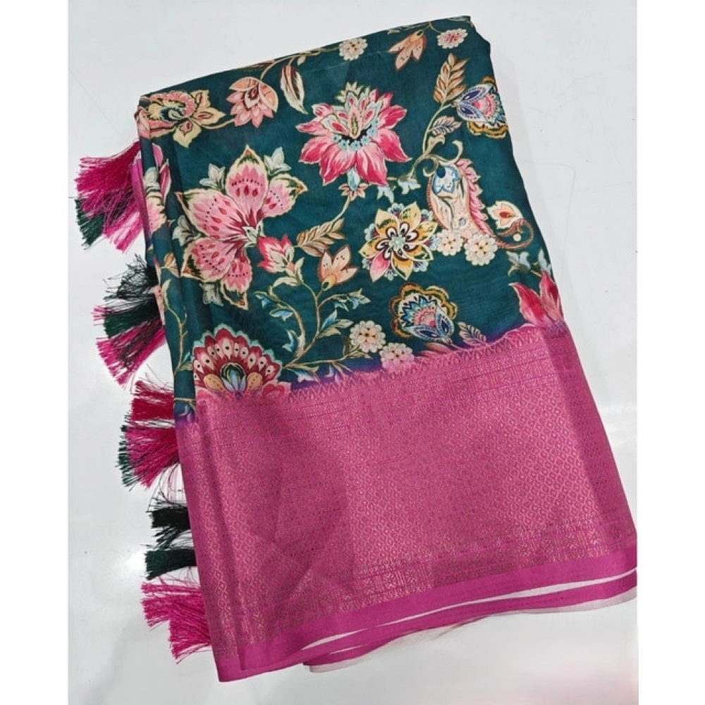 Women's Cotton Silk Floral Printed Saree With Unstitched Blouse 5.5Mtr (Green-Pink) - Image 4